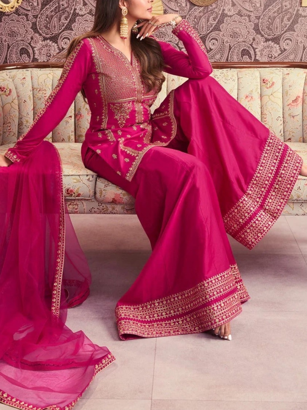 Chanderi Silk  Embroidered Salwar Kameez wedding Set Sequin and silk